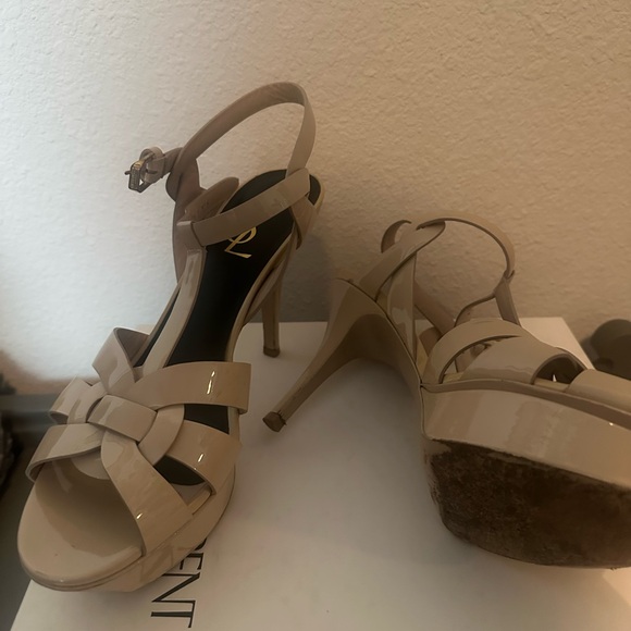 YSL Saint Laurent Powder Beige Patent Tribute Platform Sandals Size 38 Worn 1x - Picture 8 of 9